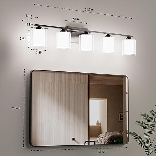 Miniatura 167 de Quntis Lámparas de baño negras de 4 luces con 5 modos de color, lámpara de tocador moderna regulable de 27 pulgadas sobre espejo, lámpara de pared