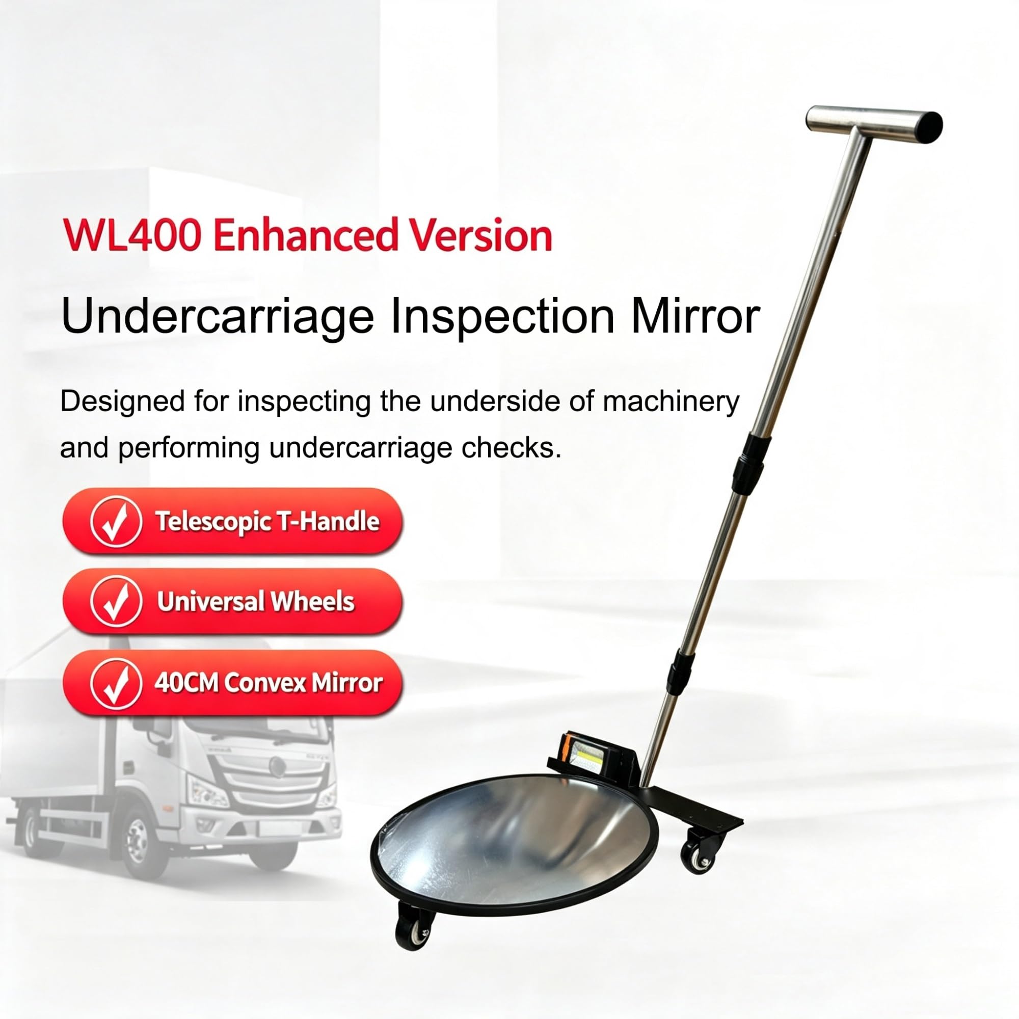 Miroir d'inspection sous véhicule avec lumière LED, miroir convexe de 40 cm