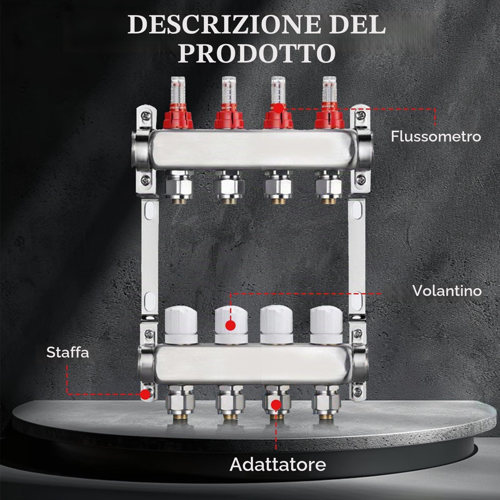 Distributore Circuito Riscaldamento, Misuratore Portata 4 Circuiti Riscaldamento Pavimento Impianto Riscaldamento Pavimento Acciaio Inox Con Flussometro Senza Valvola Sfera Filettatura Esterna 3/4"