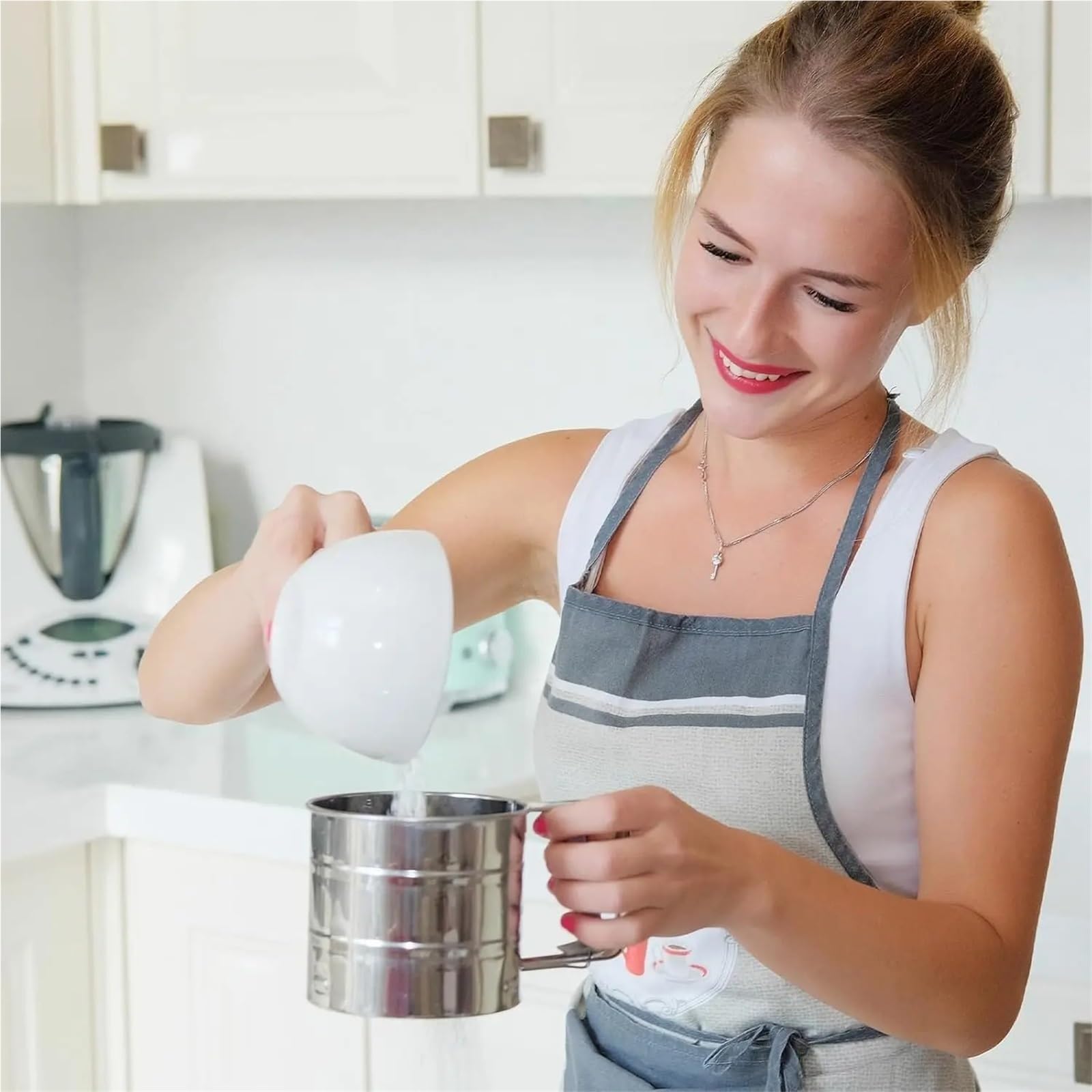 2-teiliges Mehlsieb aus Edelstahl, Doppellagiges feines Netz, Einhandkurbel, ideal for Backen von Zucker, Mehl und Kuchen Für Küche