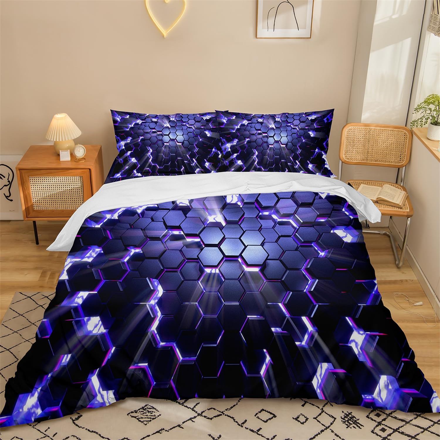 Fundas nórdicas de cama 135x200 de microfibra morada con estampado geométrico y almohadas