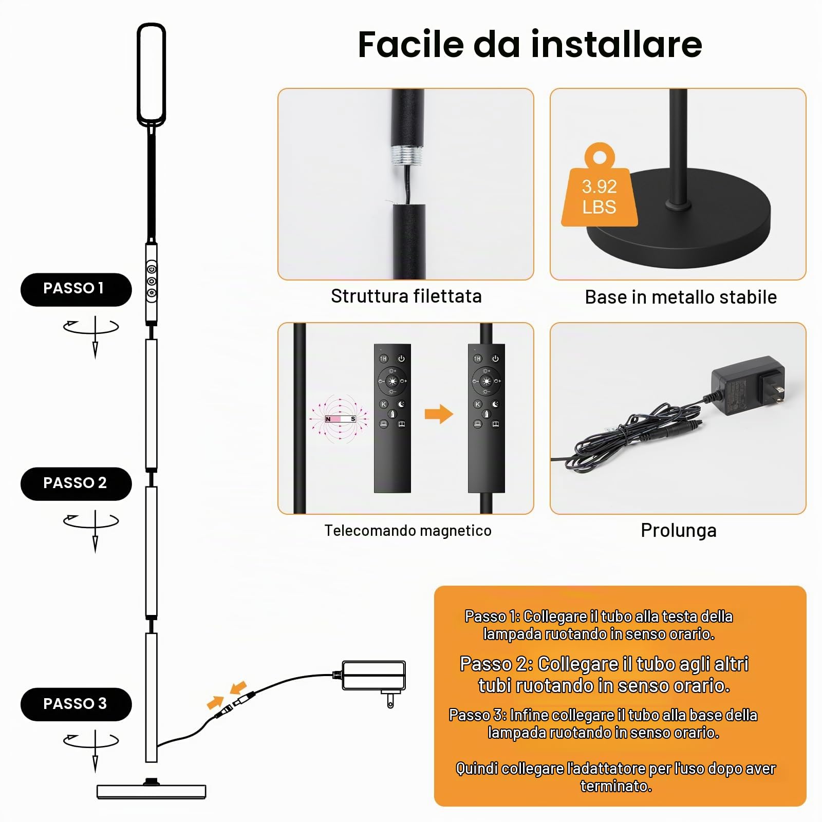 Lampada da Terra LED Dimmerabile: 18W Piantana 4 Temperature di Colore e 4 Luminosità con Telecomando - Timer 1H - Lampada da Salotto a Collo d'Oca Flessibile (Nero)