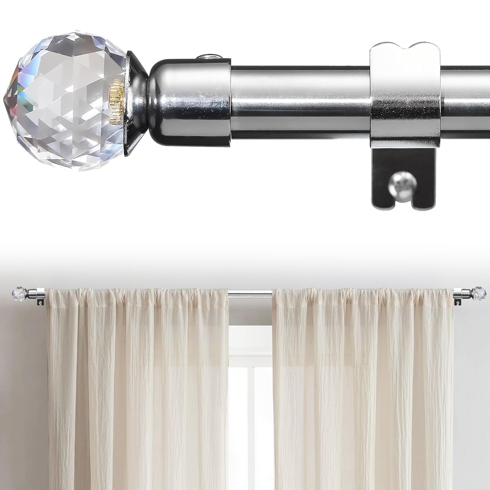 Barra de Cortina Ajustables, 71-308cm Barra de Cortina Extensible con Soportes de Acero Inoxidable - 16 mm de Diámetro con Cola de Diamante Acrílico