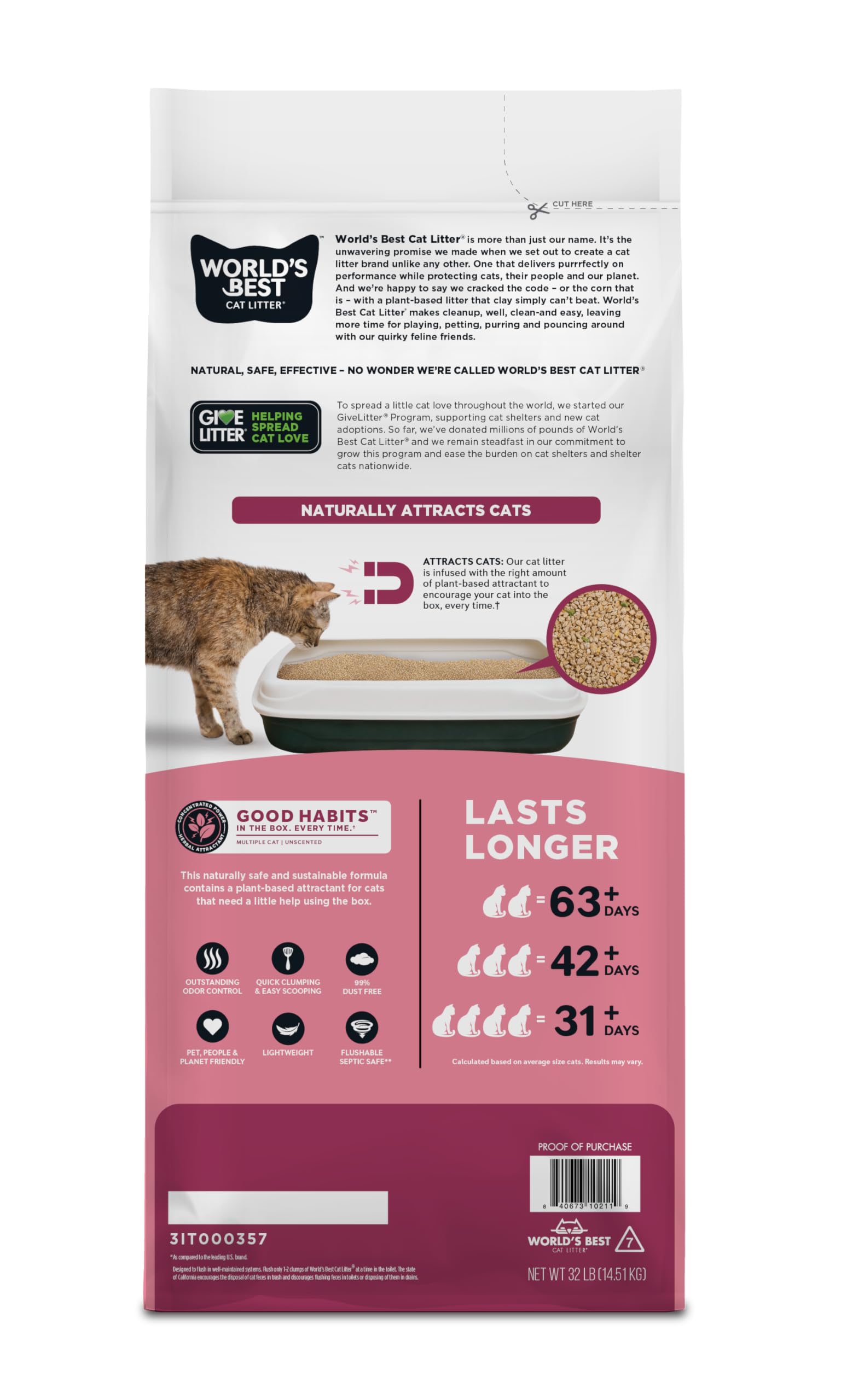 WORLD'S BEST CAT LITTER Good Habits Cat Attract Litter | Atrayente natural a base de plantas | Arena de maíz desechable | Control de olores sin perfume | Bajo seguimiento y ligero | Bolsa de 32 libras