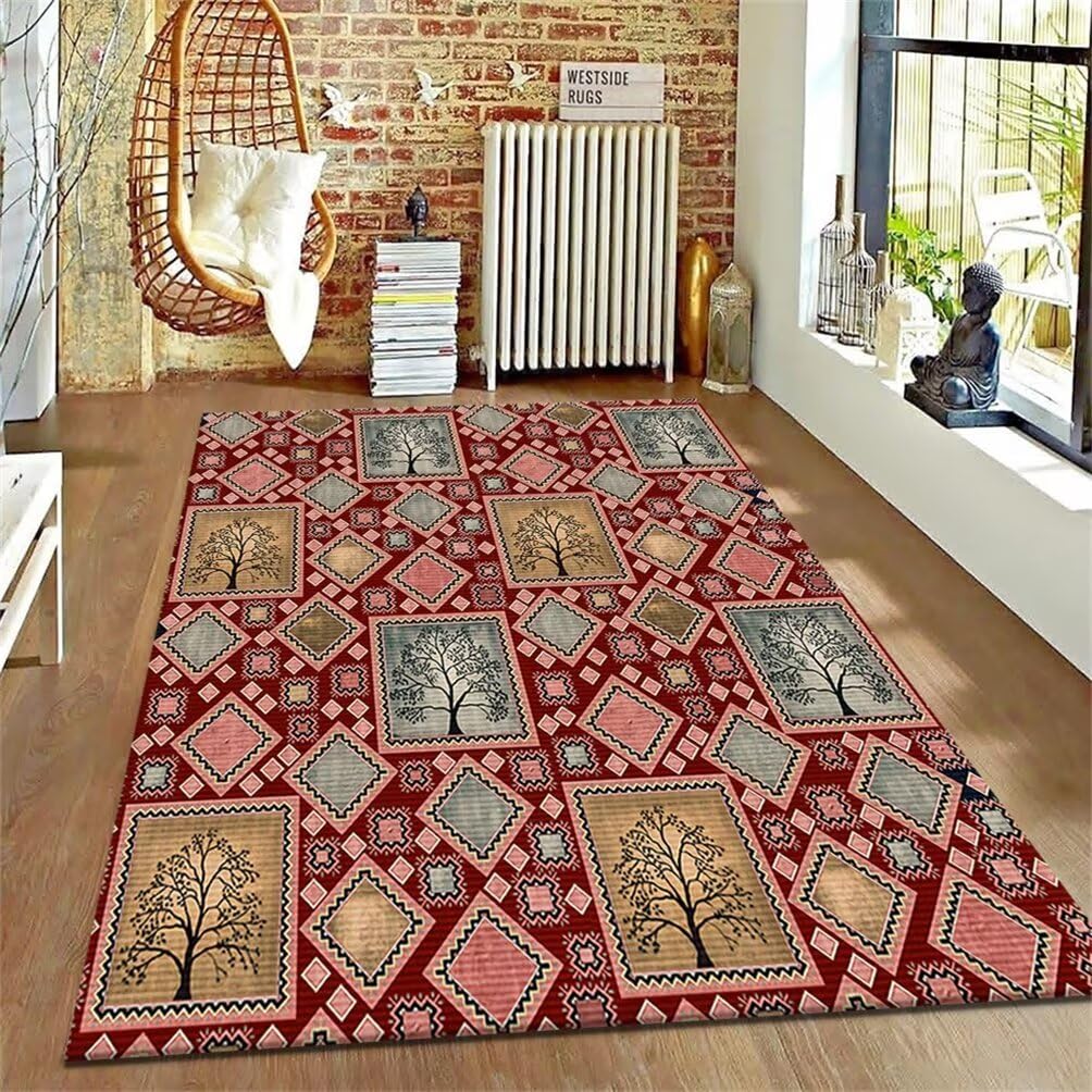 Tapis de chambre ado 80x150 rouge et géométrique moderne lavable