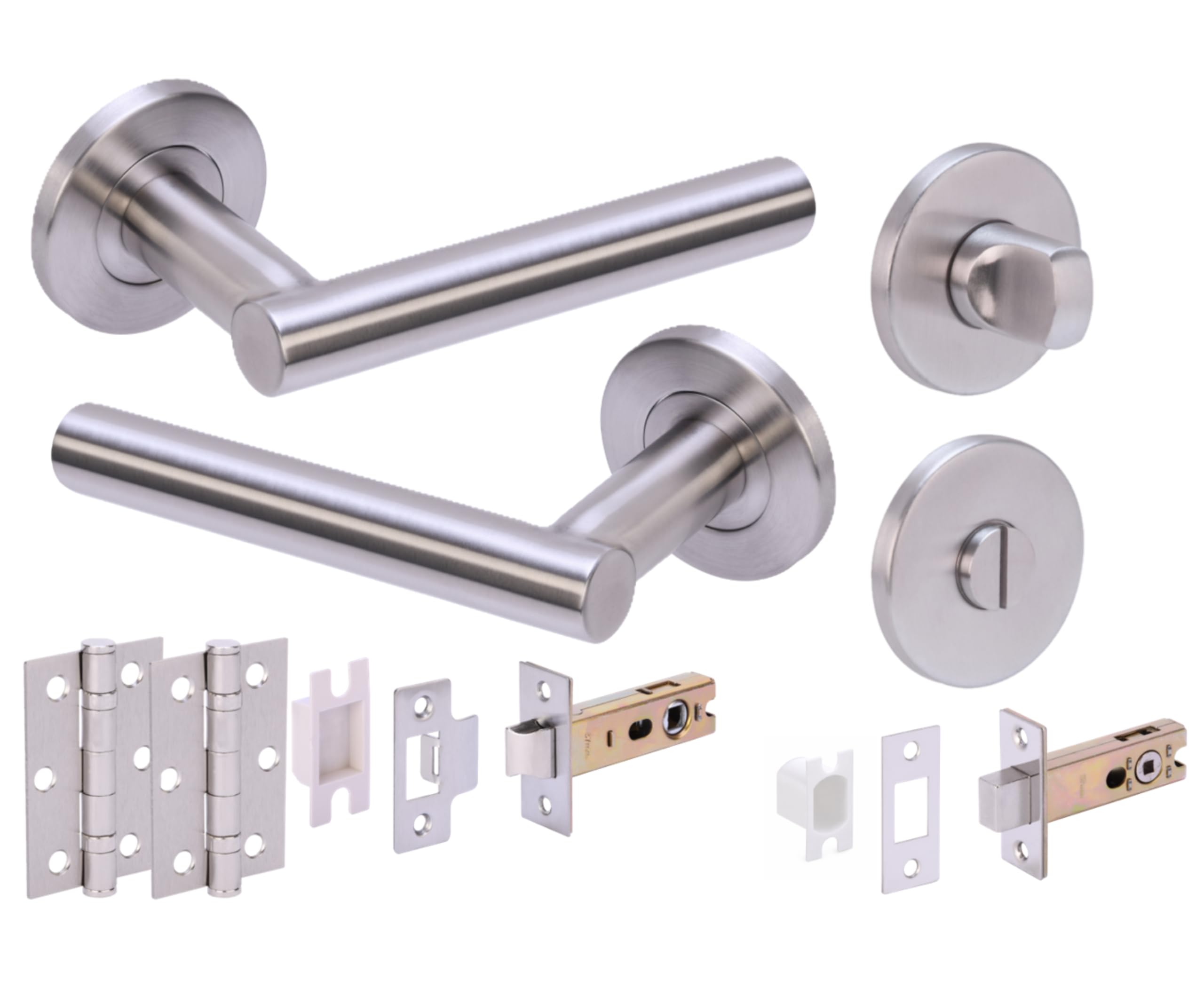 Hunta HANDLEZONE® Rota T-Bar Door Handles on Rose Bathroom Deadbolt Pack, 76mm Lock and Latch (57mm Backset), 76mm Ball Bearing Hinges - Satin Stainless Steel — image 1