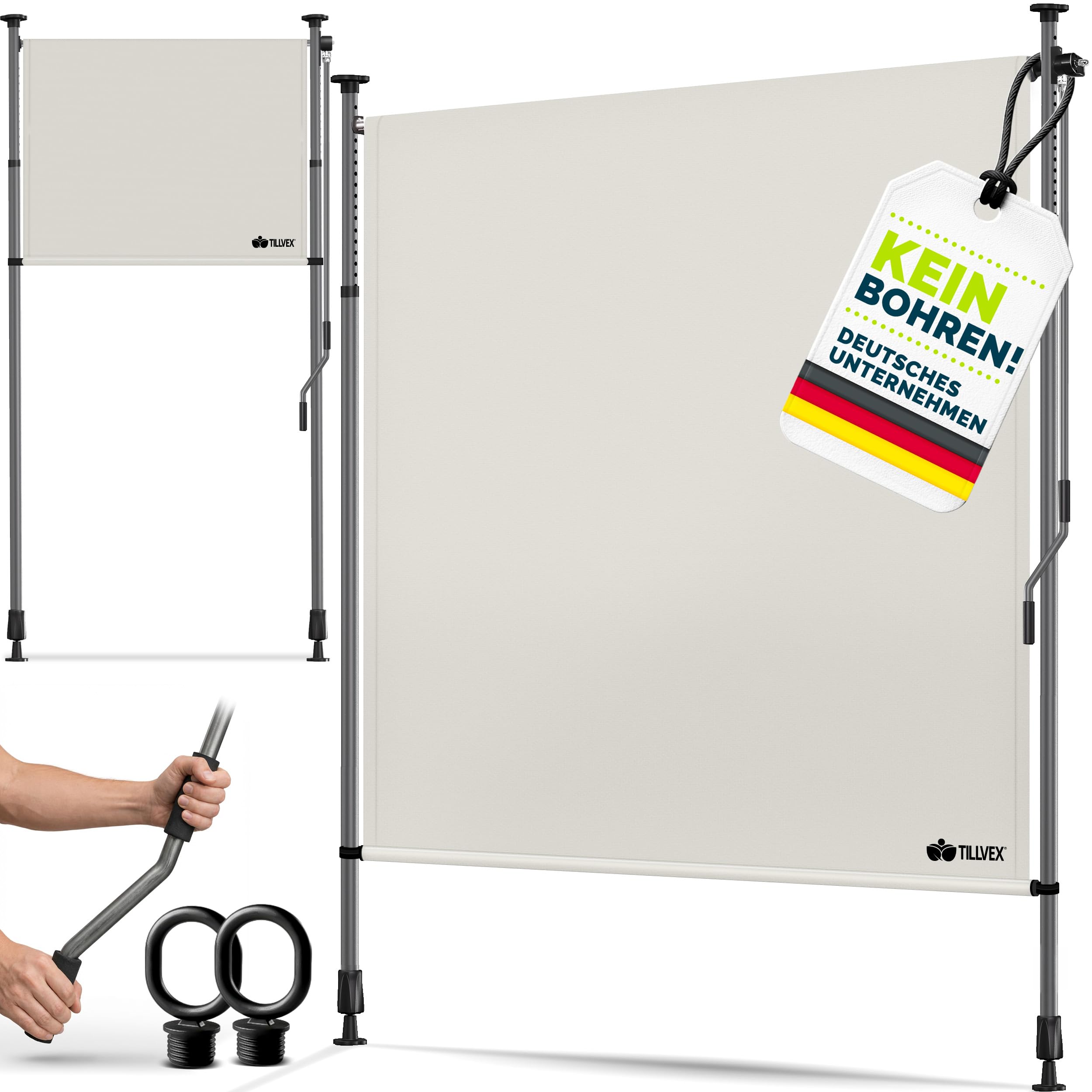 tillvex® Klemmmarkise Senkrechtmarkise mit Handkurbel ohne Bohren | Sichtschutz Ausziehbar & Blickdicht | Vertikalmarkise Balkon Terrasse Garten | Sichtschutzrollo Wetterfest (Beige, 100x310 cm)