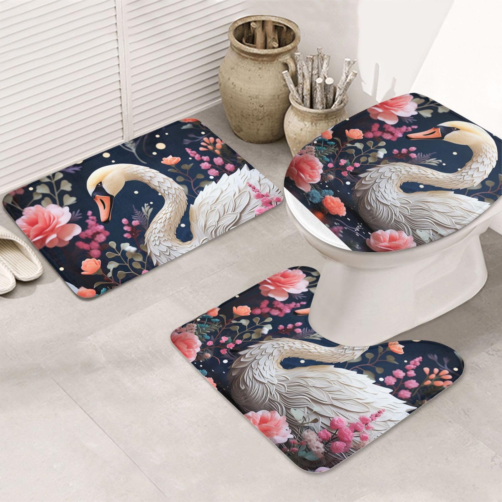 Tapis de bain antidérapants OUSIKA lot de 3 avec tapis en U et housse de toilette noir floral