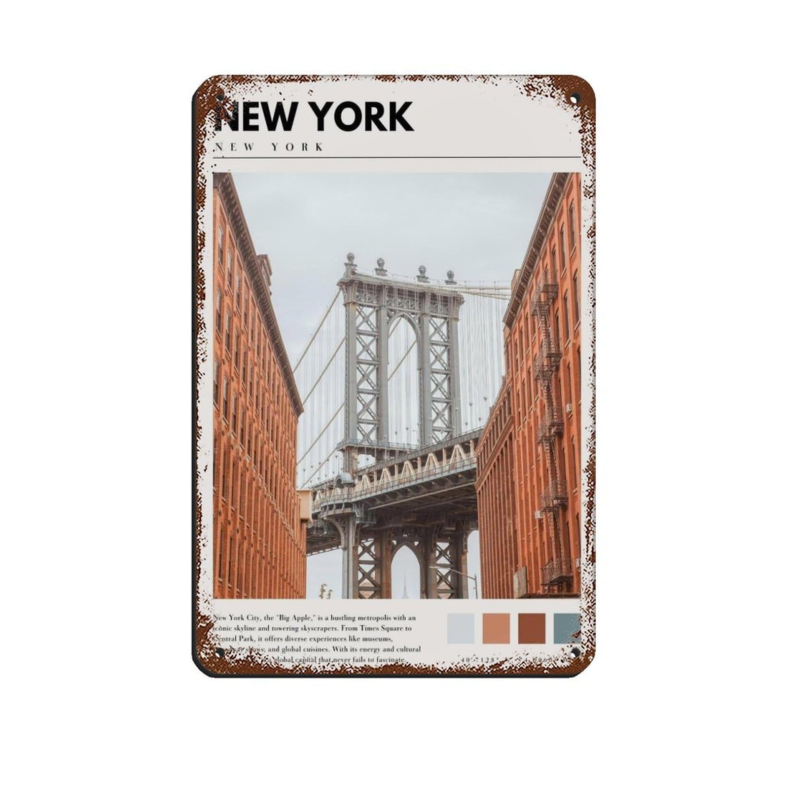 New York Poster Manhattan Bridge Art Retro Poster Metal Tin Sign Chic Art Retro Iron Painting Bar People Cave Cafe Family Garage Poster Wall Decoration 8x12inch(20x30cm)
