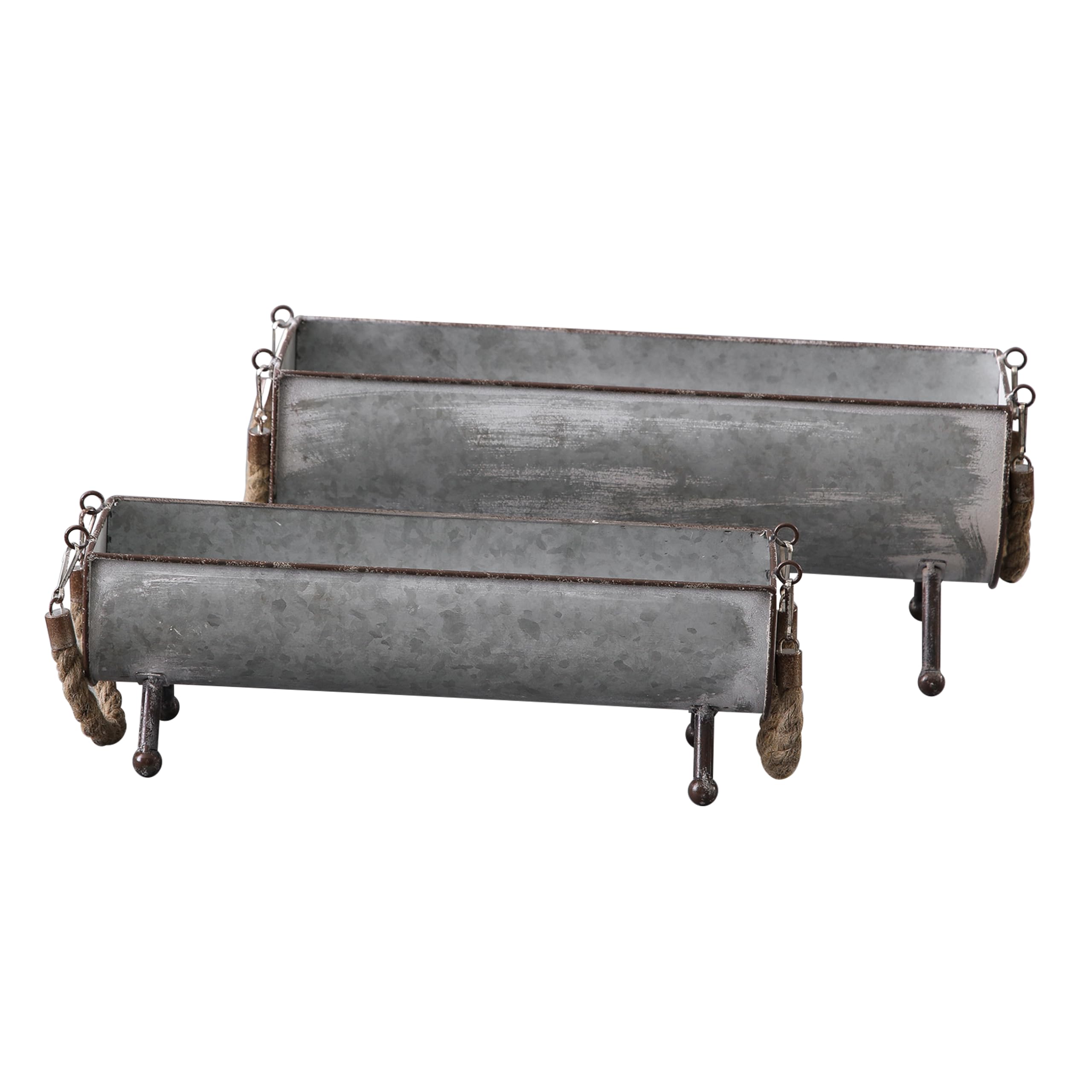 SOFE Juego de 2 comederos de pollo de metal galvanizado para aves de corral, comedero de mesa de picnic de pollo de granja, maceta de pollo, bandeja galvanizada decorativa con forma de paso, 15 y 13