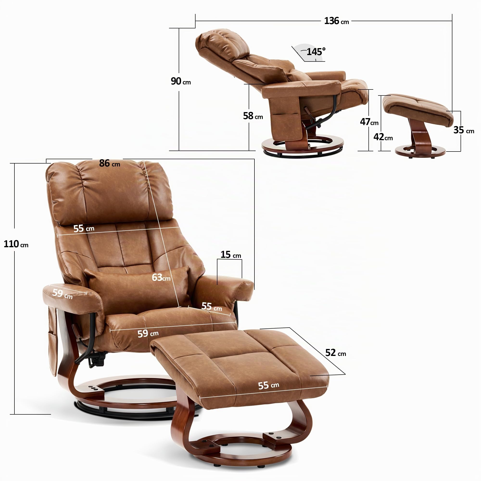 M MCombo Relaxsessel mit Hocker, Drehbare Fernsehsessel mit Liegefunktion, Moderner TV-Sessel Stuhl für Wohnzimmer, mit Kissen & Seitentasche, 9066SD (Braun, Kunstleder)