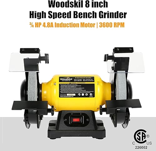 Vista 2 de Amoladora de banco de 8 pulgadas de 4.8 A, 3/4 HP, molinillo de mesa de 3600 rpm con dos máscaras protectoras para ojos y dos muelas abrasivas