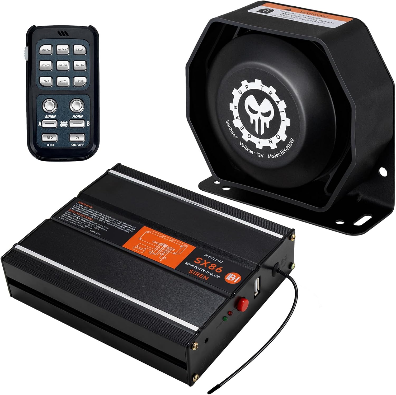 Warning Emergency Siren 12V Police Siren Speaker PA System Kit 200W 125-150dB Remote Control with Handheld Microphone for Car Ambulance Vehicles Fire Truck SUV ATV UTV