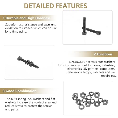 Miniatura 3 de Kindroufly Juego de 562 piezas negras M2.5 x 46 81012160.787 in, tornillos de cabeza hexagonal, tuercas y arandelas surtidas, acero de aleación de