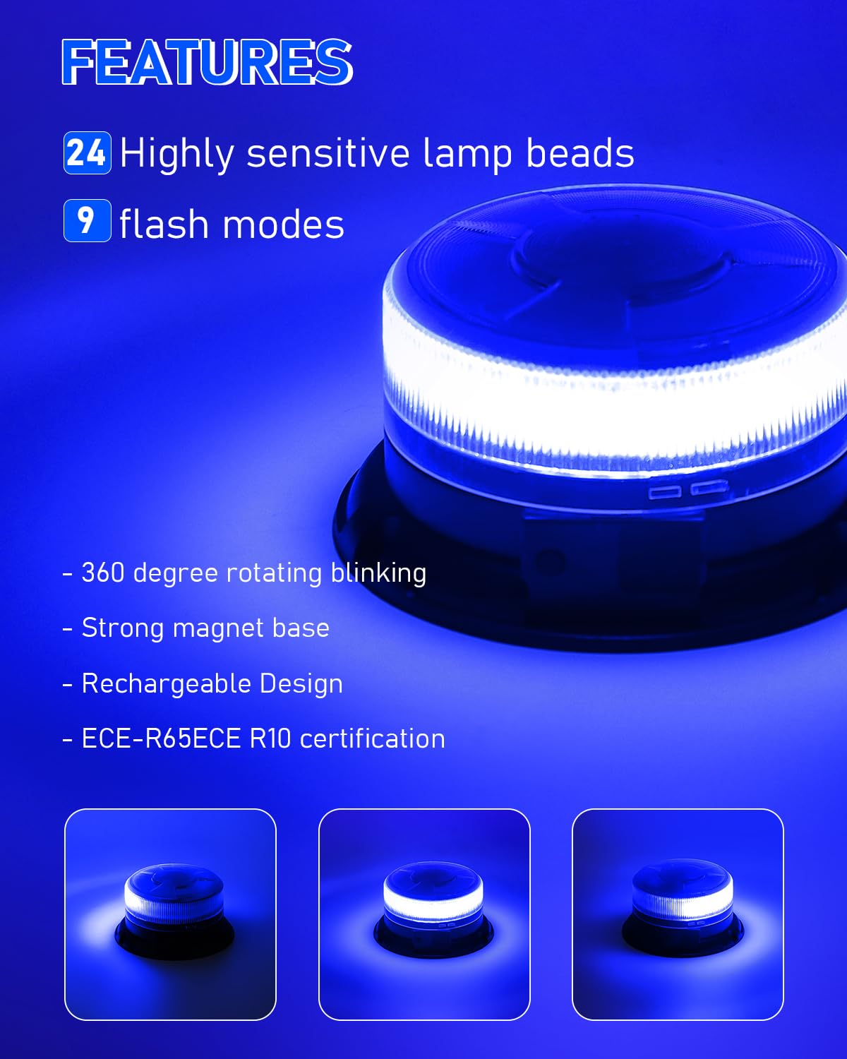 Dinfu rotativo led bateria azul con mando a distancia LED intermitente base magnética 9 modos de luz intermitente con el coche cable de carga y cable USB para el coche de policía camión UTV
