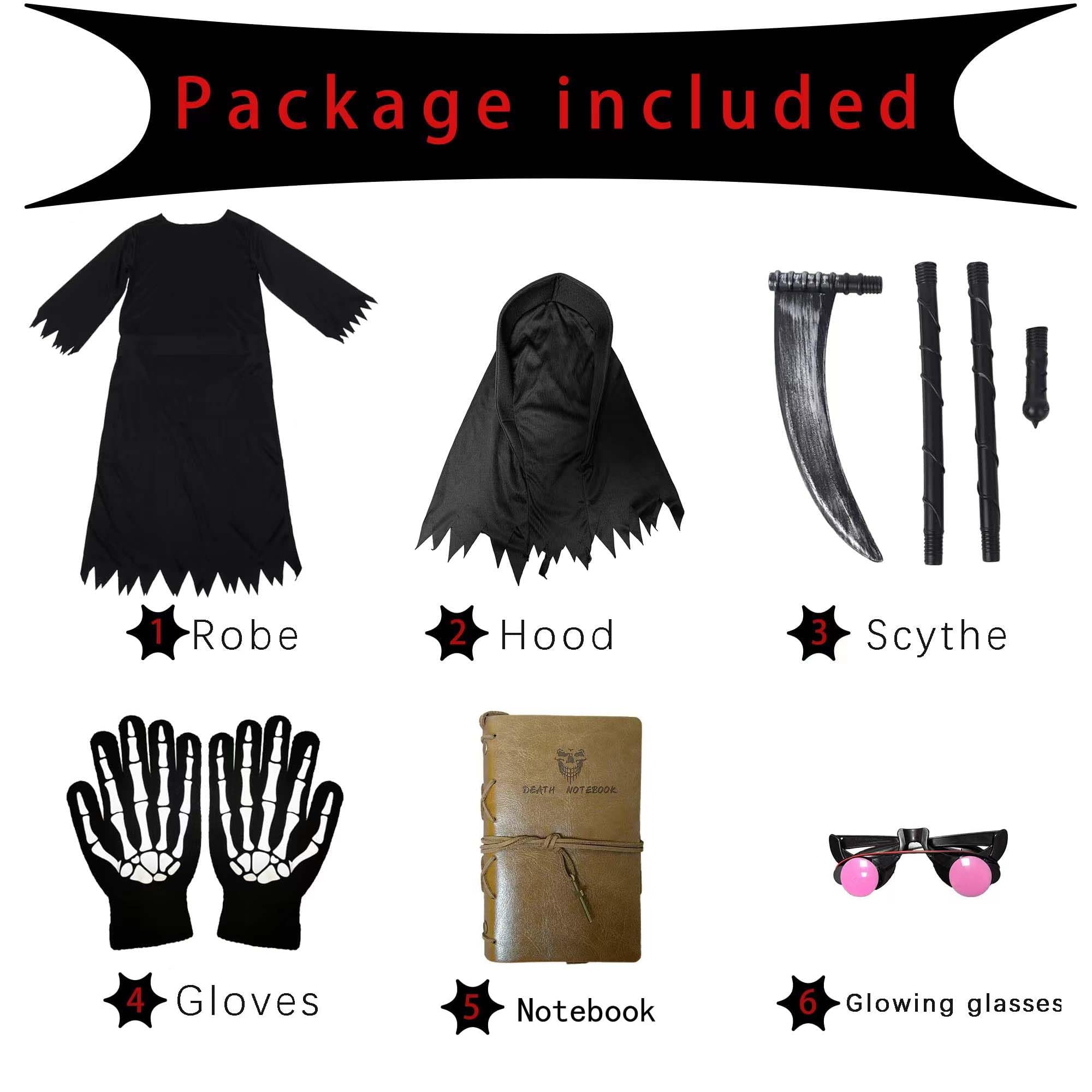 Tosekry Costume Halloween Bambino, Vestito Halloween Bambino Costumi Halloween Bambini con Death Notebook, Tuta, Cappuccio, Occhiali Fosforescenti, Falce e Guanti