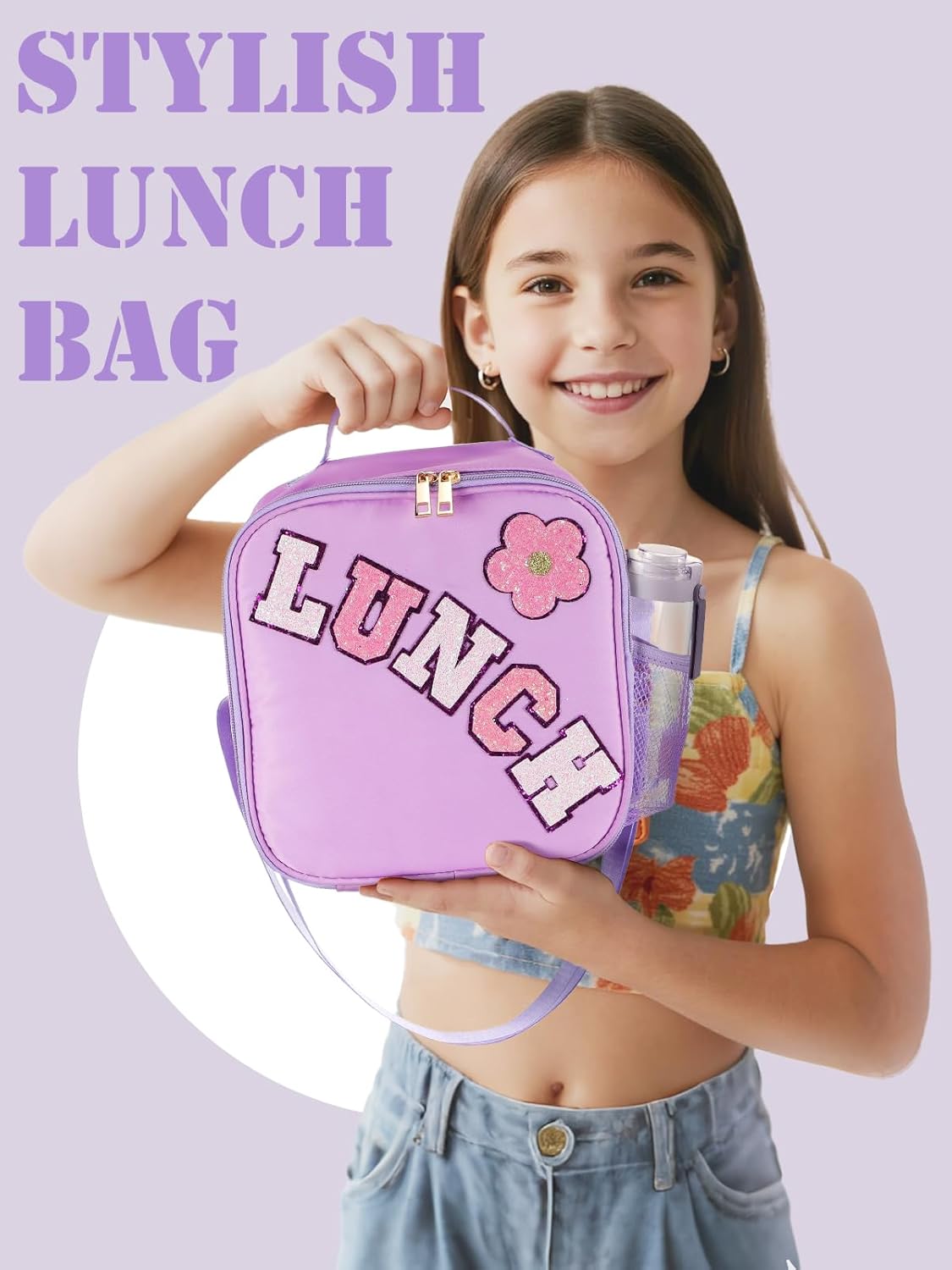 Alphatool Insulated Kids Lunch Bag with Adjustable Strap - Reusable Easy to Clean Lunch Bag for Girls, Hold Kids Lunch Box Snacks Water Bottles for School, Purple - Image 7