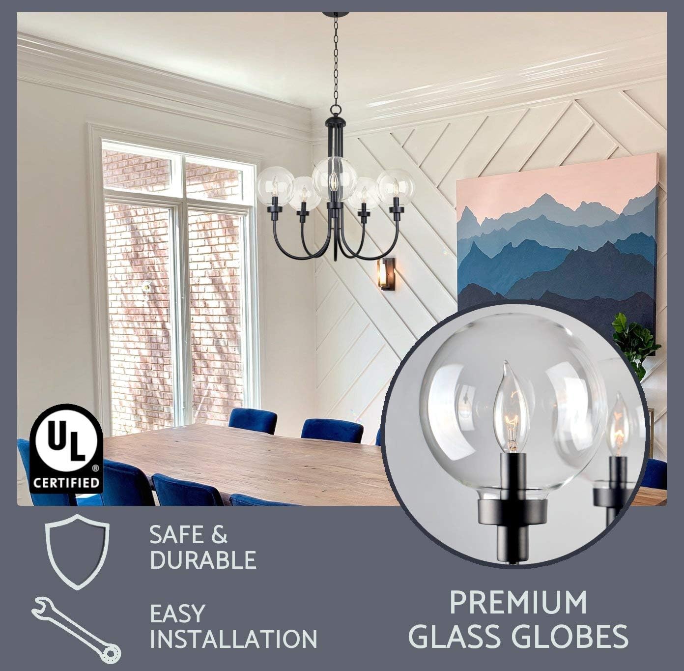 Uр Tо 40% оƒƒ Kira Home Noelle 26 Modern Mid Century 5-Light Chandelier, Clear Glass Globe Shades + Curved Arms, Black Finish