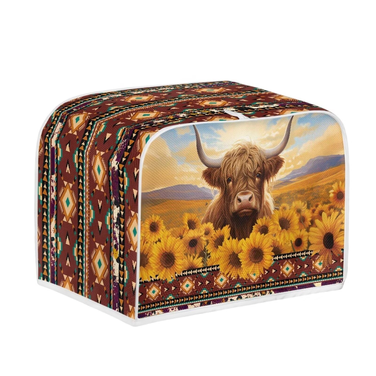 Gomyblomy Aztec Highland Cow Repro 4 Slice Toaster Appliance Cover?Southwestern Tribal Sunflower Polyester Microwave Oven Dust Cover Bread Maker Cover Kitchen Decorative