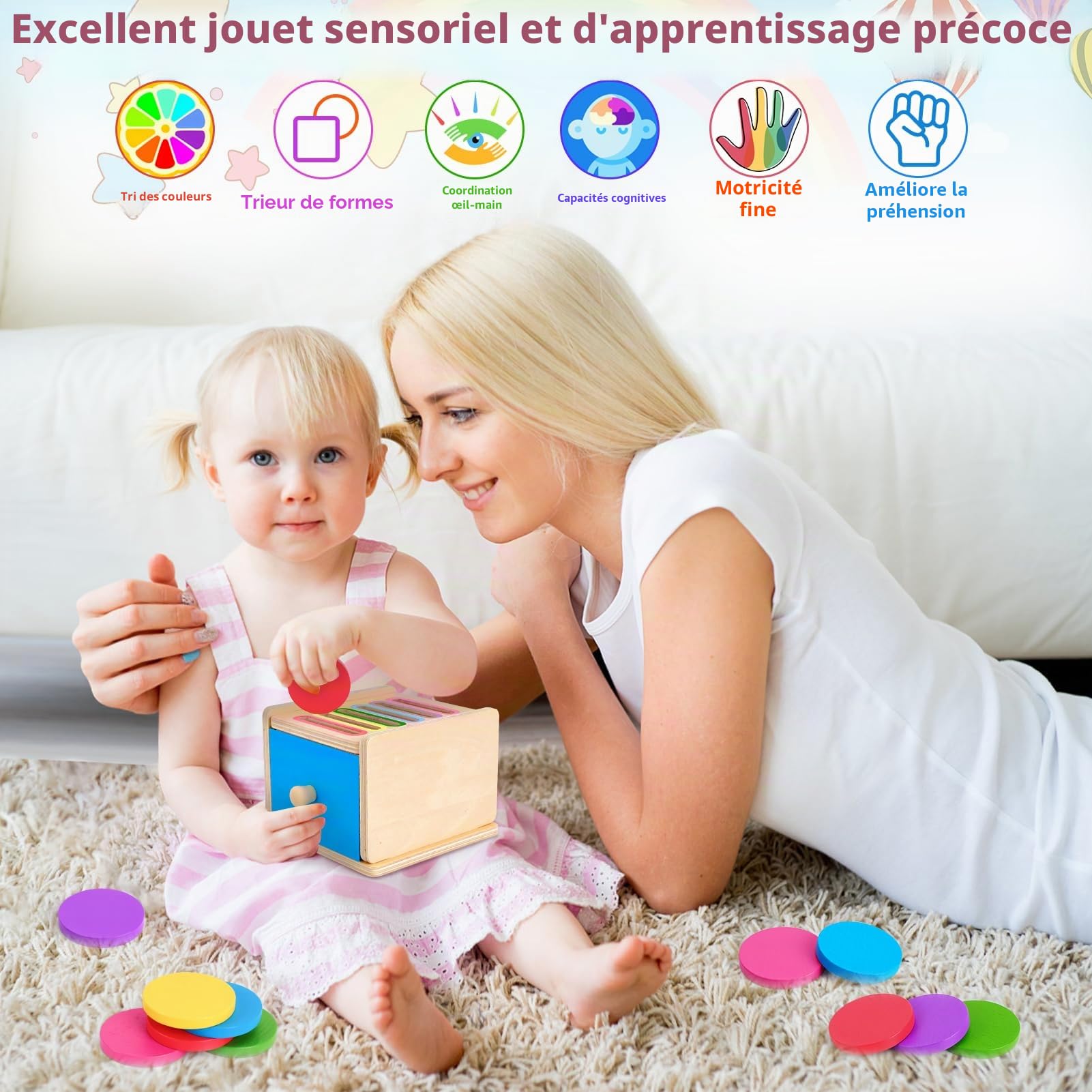 FCSONU Jouet Bebe 1 2 3 Ans, Jeux Enfants 1 2 3 Ans, Jeux Montessori 2 1 3 Ans, Jeux Educatif 2 Ans Apprendre Les Couleurs, Cadeau Fille Garçon 1 2 Ans Anniversaire & Cadeaux Noel