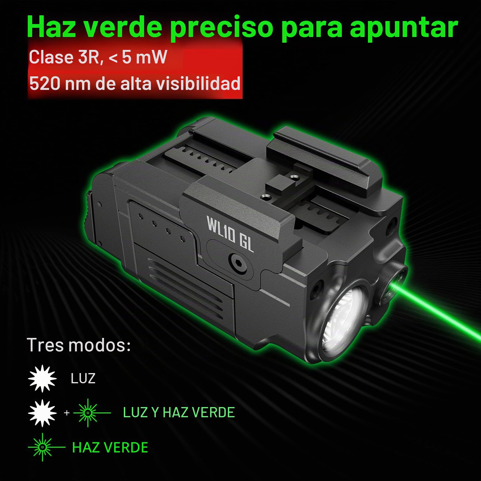 AIMWIN WL10 GL Linterna Táctica con Láser Verde 900 Lúmenes para Pistolas, Luz de Arma Recargable Magnética Compatible con Rieles 1913 y GL
