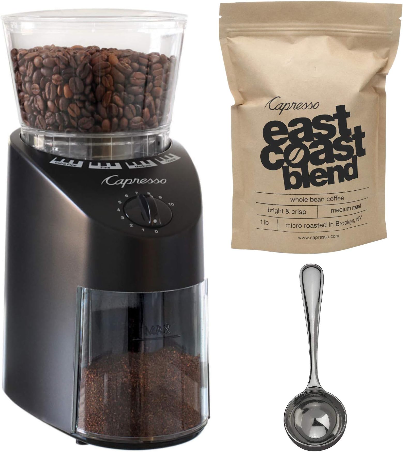 Capresso 560.01 Infinity Conical Burr Grinder (Black) Bundle with Harold Import 726S Coffee Measure and 16-ounce Capresso East Coast Blend Coffee Beans Medium Roast (3 Items)