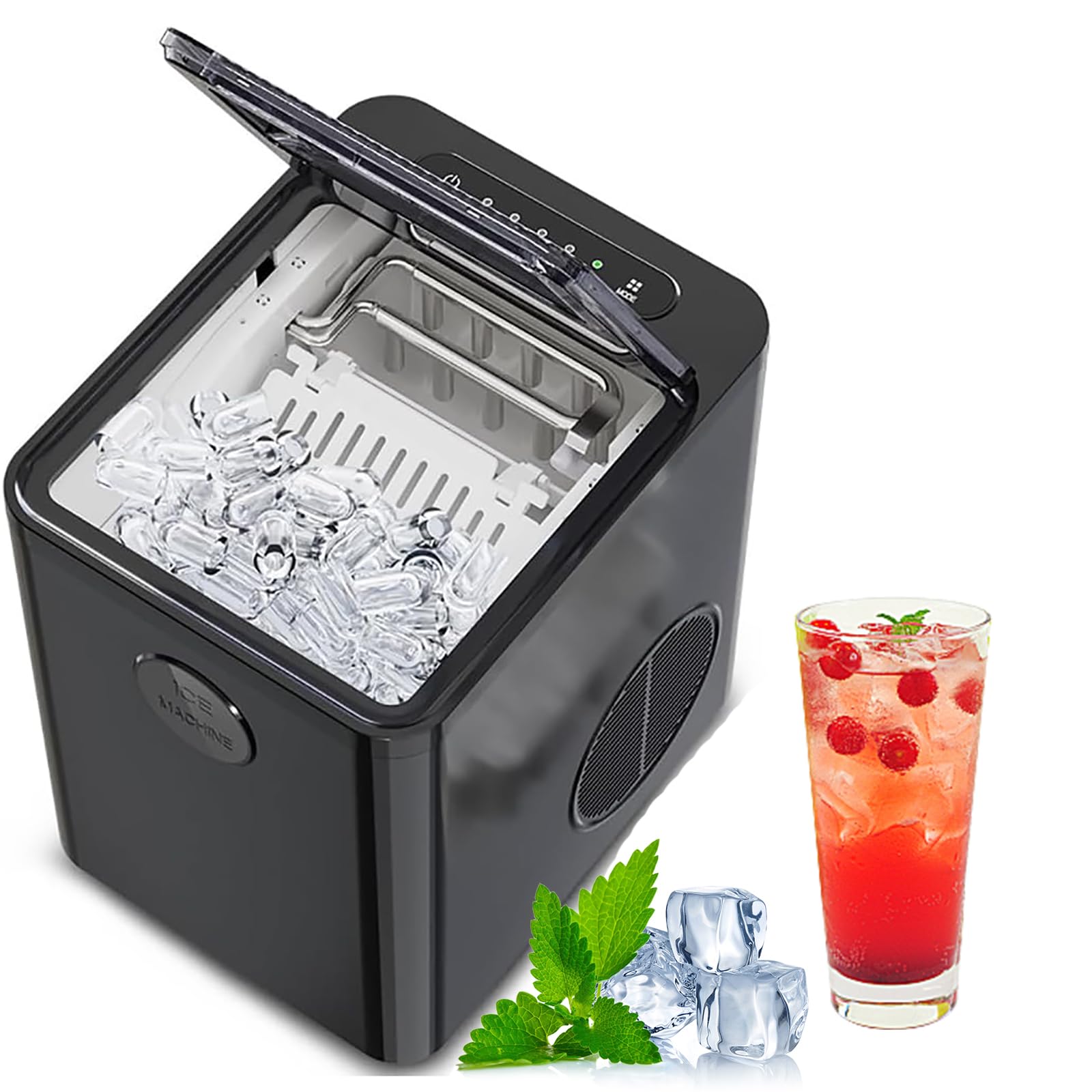 Fabricante de hielo, compacta de 9 pcs/6 minutos de producción de hielo rápido, 1,5 litros de tanque de agua, perfecto para bar de casa, cocina, vehículo recreativo, apartamento, campamento, of black