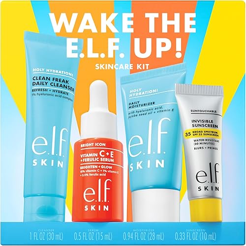 e.l.f. SKIN Wake the e.l.f. Up Skincare Kit, Travel-Size Hydrating Face Cleanser, Sunscreen, Moisturizer & Brightening Serum, Vegan & Cruelty-Free