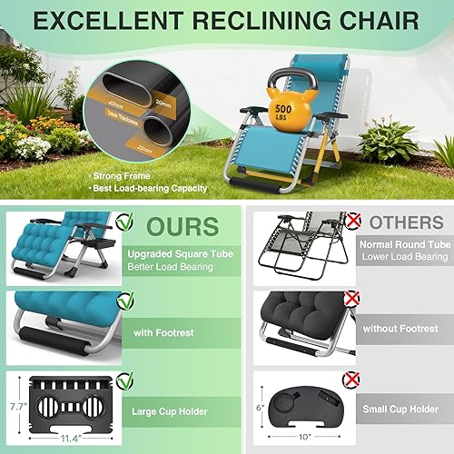 Miniatura 5 de Suteck - Silla de gravedad cero, de gran tamaño, con cojín extraíble, reposacabezas, seguro mejorado y reposapiés, reclinable, para descanso,