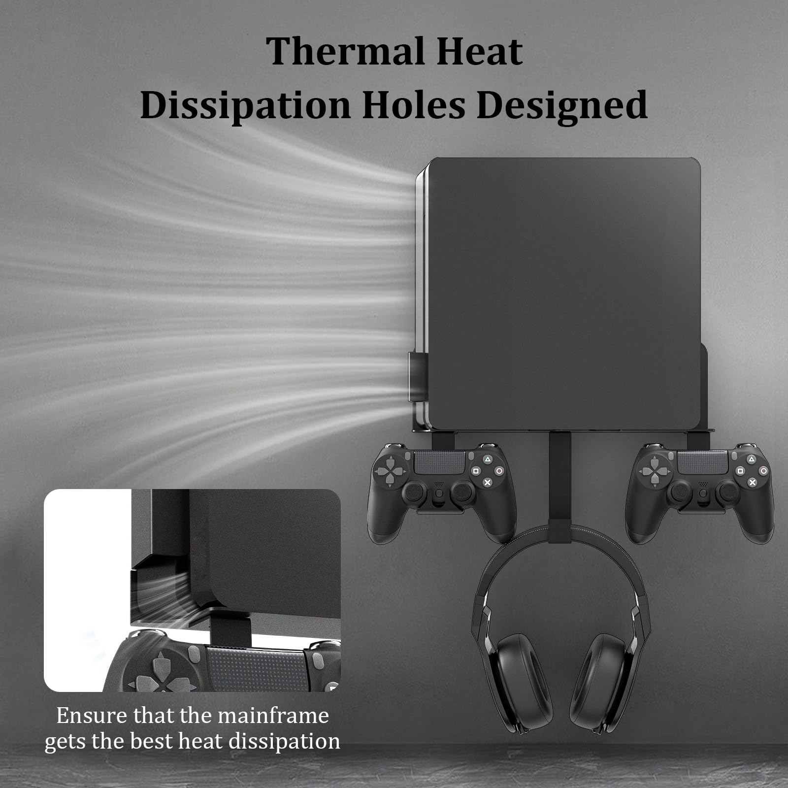 Wall Mount for PS4 Slim with Detachable 2 Controller Holder & Headphone Hanger, Metal Stealth Wall Mount Stand for Playstation 4 Slim