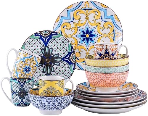Unknown1 Juego de vajilla de porcelana bohemia (servicio para 4), multicolor, floral, bohemio, moderno, contemporáneo, redondo, de gres de 16