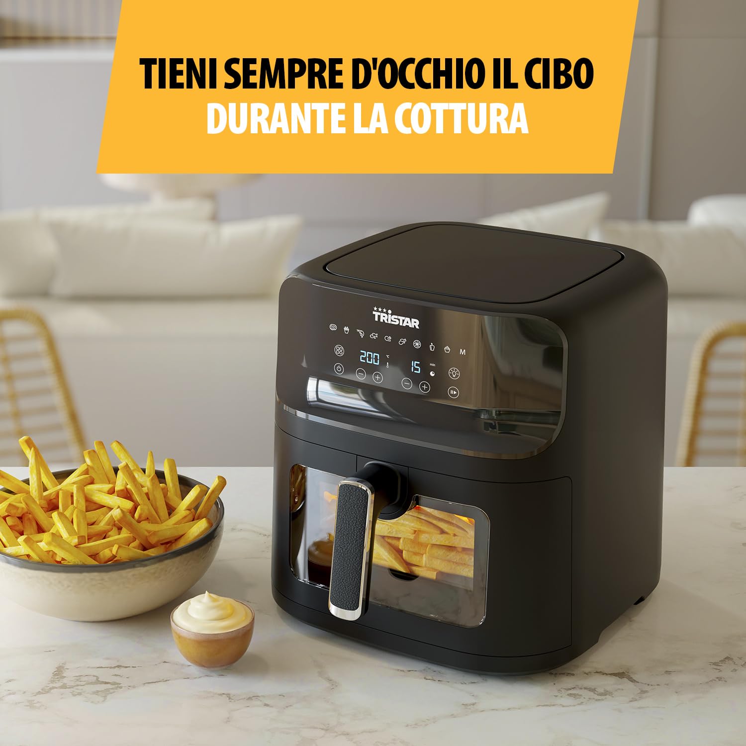 Tristar Friggitrice ad Aria con finestra di visualizzazione - 10 programmi di cottura - Rivestimento antiaderente - Protezione contro il surriscaldamento - 7,5 L - 1700 W - FR-9039