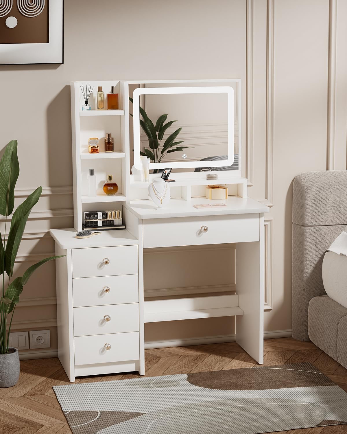 Coiffeuse, 90cm Coiffeuse avec Miroir, 5 Tiroirs pour Un Rangement Parfait