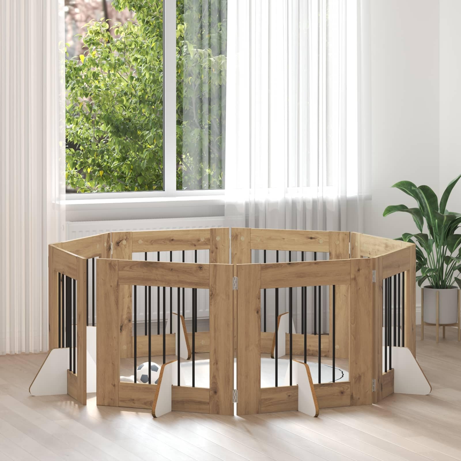 Puerta para perros con soporte de metal y roble Artisan, 8 piezas, 60 x 60 cm, plegable, para interior y exterior, seguridad, protección y separación de cachorros y perros en el jardín