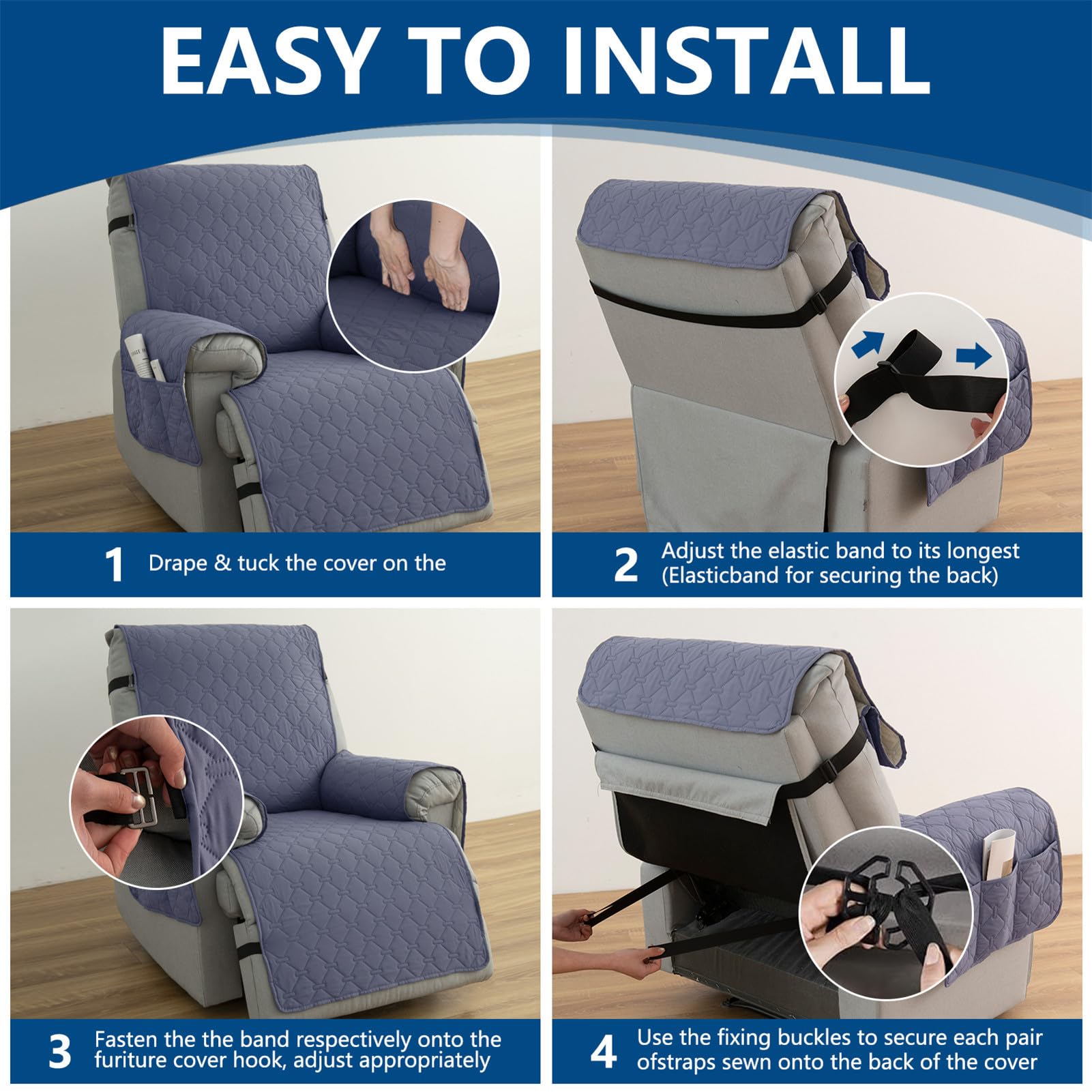Copripoltrona Relax Reclinabile 1 Posto Impermeabile, Copri Poltrona Elettrica Antiscivolo Universale, Antigraffio Fodera Poltrona Laterali con Tasche (Blu Grigio,25 x 91 inch)