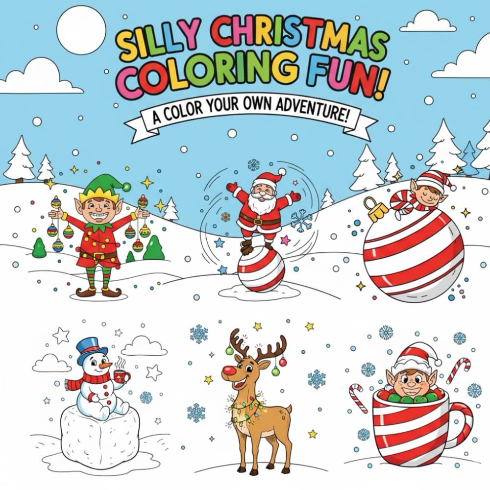Silly Christmas Coloring Book for Kids and Adults: Easy and Funny Holiday Scenes with Santa, Elves, Reindeer & Snowmen | Simple Cute Christmas Coloring Page: Silly Christmas Coloring Book