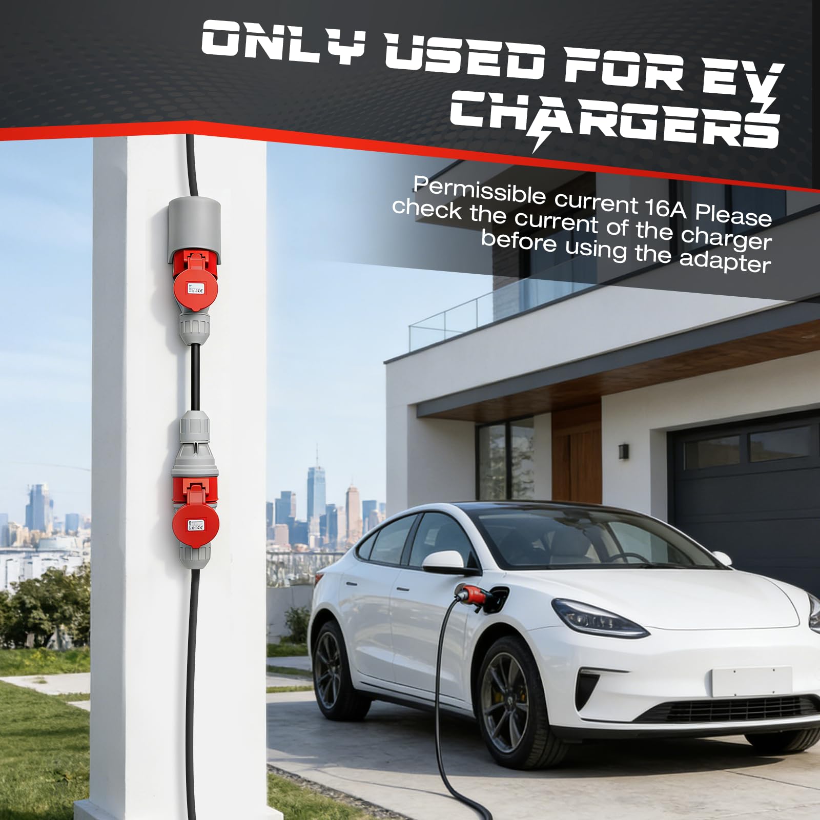 Adaptador CEE 32A a 16A, 5 Polos, IP44 Impermeable con Tapa de Protección de Cierre Automático para Industria, Obras y Coche Eléctrico