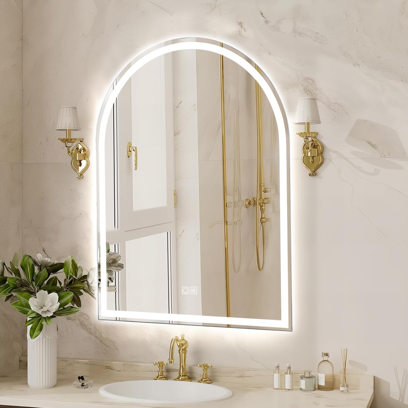 Specchio da bagno a LED arcuato con illuminazione - sensore touch, dimmerabile, antiappannamento, 3 modalità di colore, regolabile, design moderno, 60 x 80 cm
