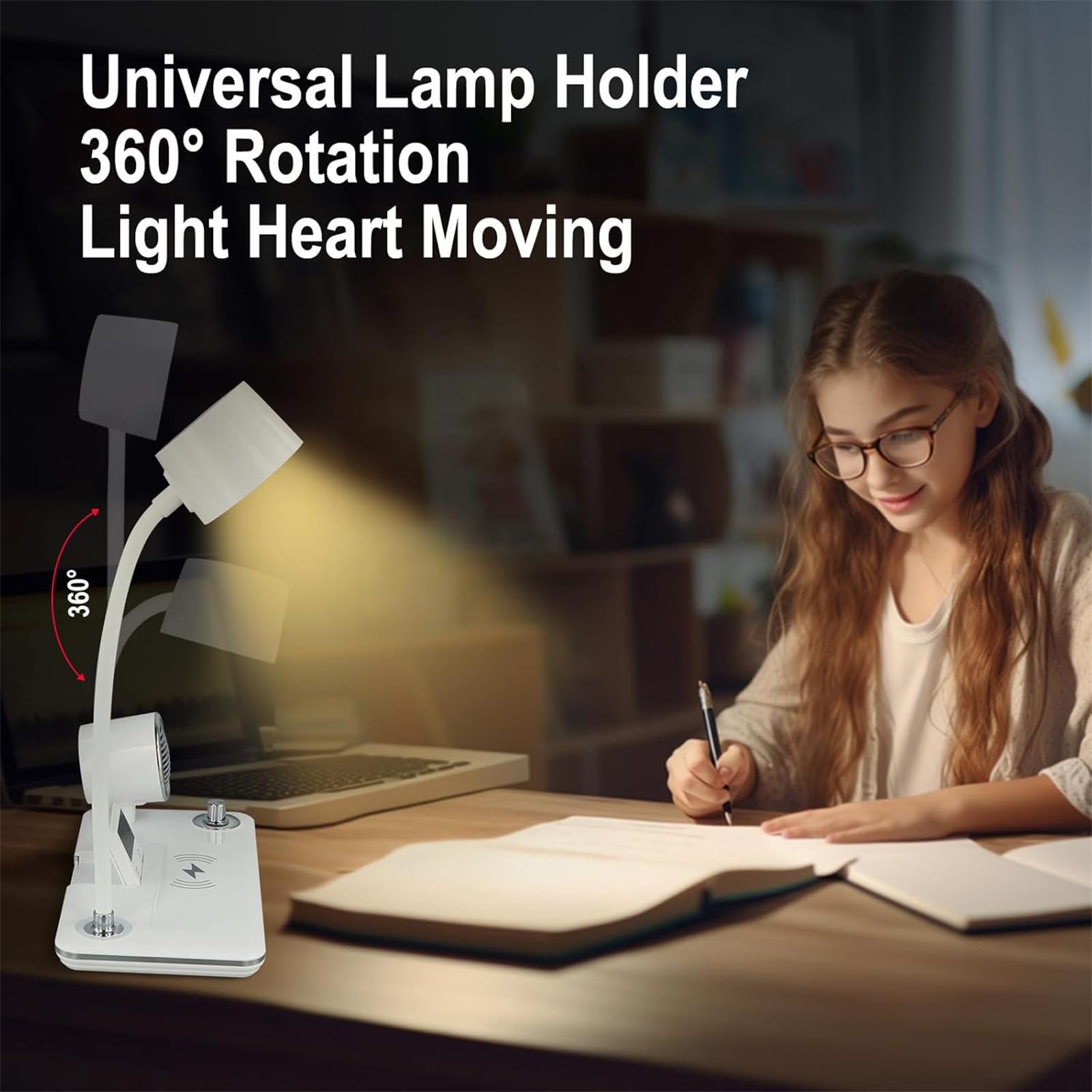 LED Lámparas de Mesita 15W Inalámbrica Cargador Lámpara de Mesa con 3 Modos de Color Táctil Regulable Lámpara de Noche con Bluetooth Altavoz & Reloj Iluminación de Mesa Rotación para Estudio (Blanco)