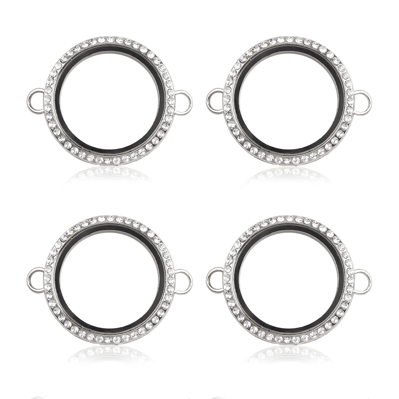 Wandic Double Buckle Rhinestone Photo Charm, 4Pcs Round Shaped Crystal Photo Pendant Bridal Wedding Bouquet Charms Memory Lockets For 2 Pictures