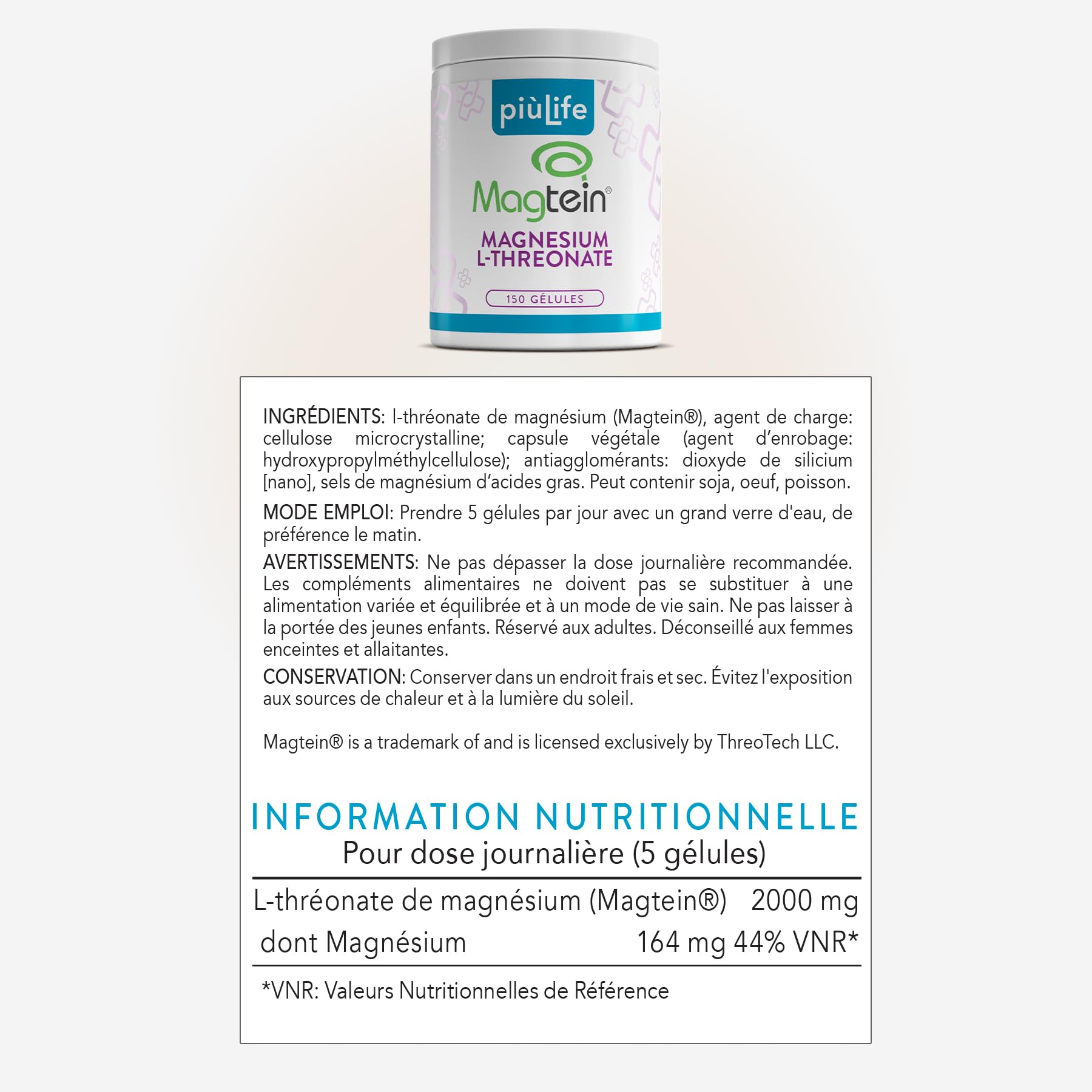 Magnesium Threonate Magtein, 2000 mg PiùLife – 300 Gélules | 164 mg de Élémentaire, Complément pour Mémoire et Concentration, Sans Gluten et Sans Lactose, Vegan