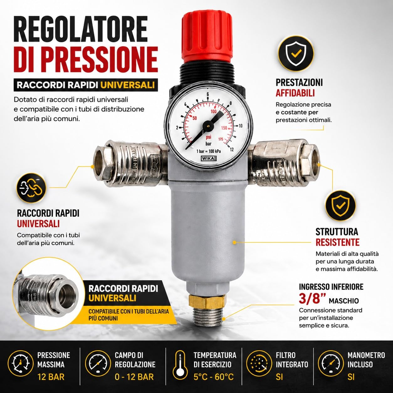 Regolatore di Pressione per Compressore con Filtro Aria Manometro 2 Uscite Universali Raccordo 3/8" Maschio 12 Bar 180 L/min
