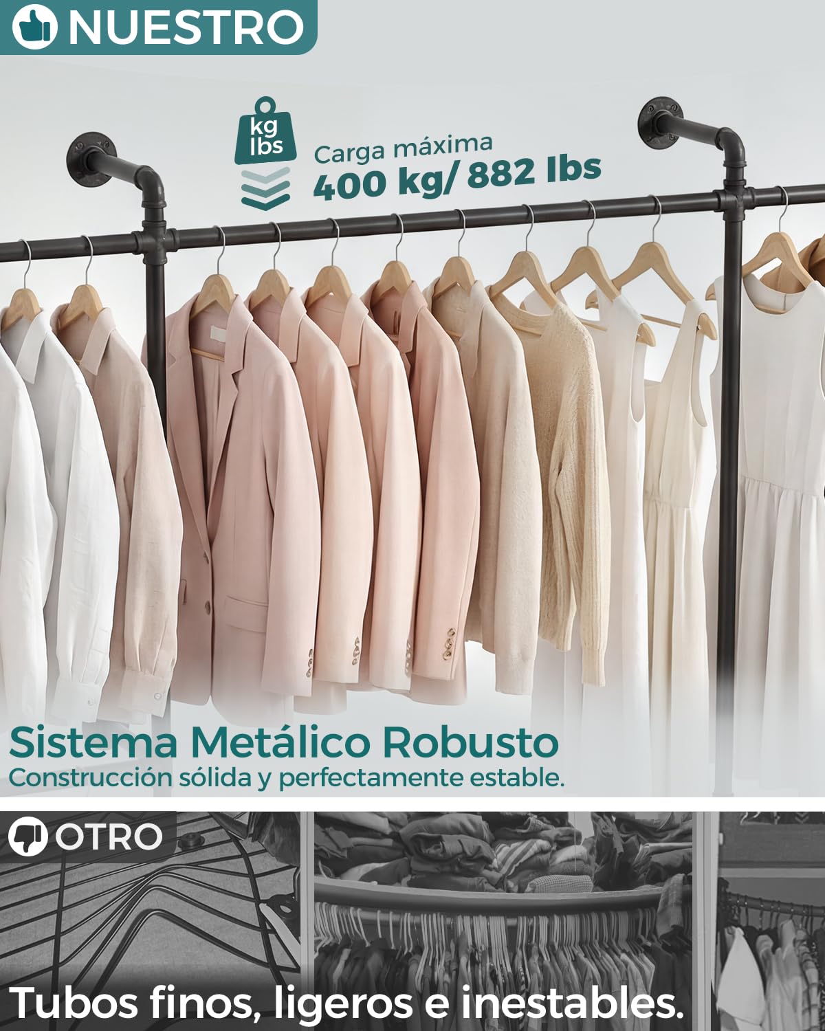 iSunirm Sistema de Armario Abierto – Barra Telescópica de Gran Capacidad, Armario de Acceso Facil, Flexible en Forma de L o Recta, Diseño de Tubo Industrial para Dormitorio y Vestidor