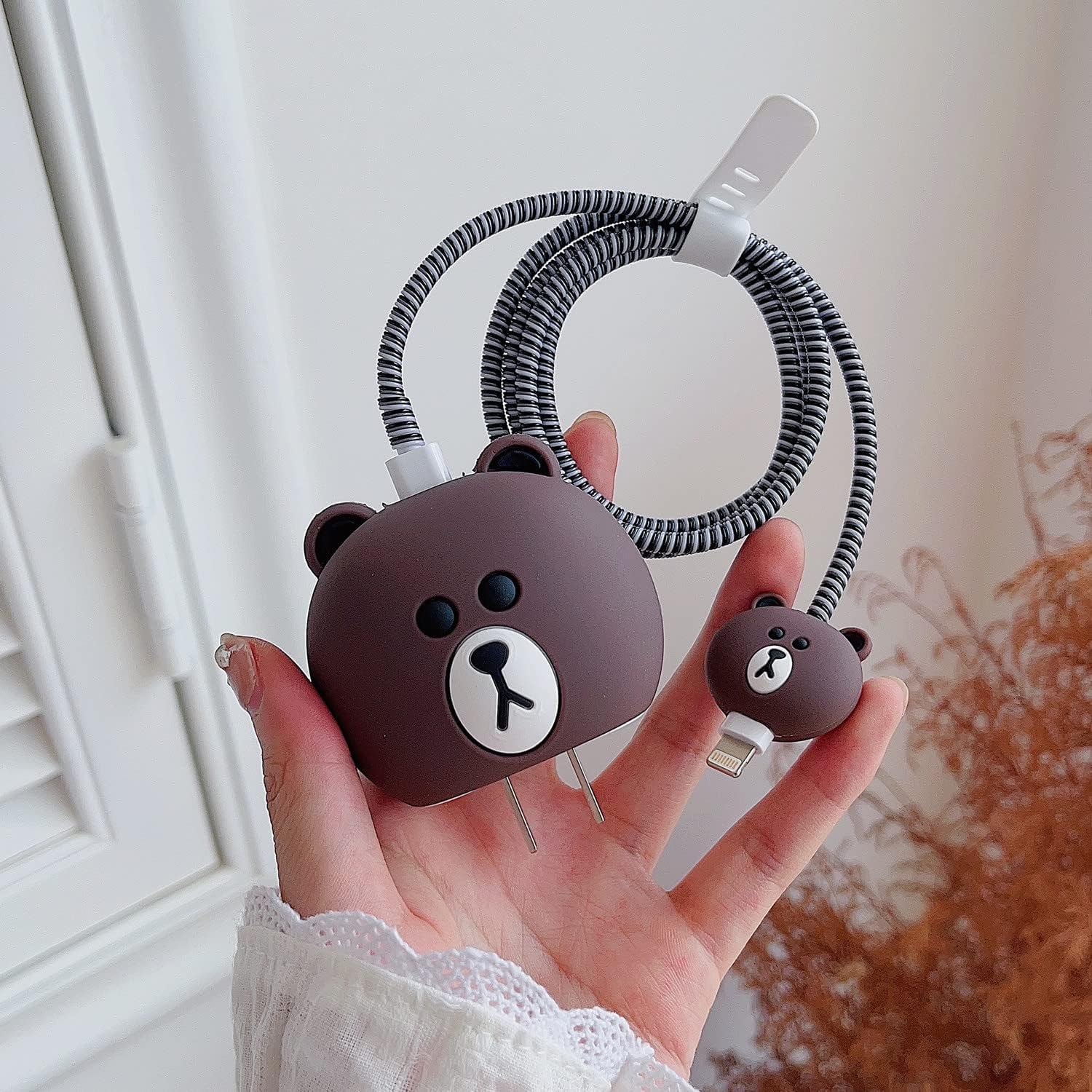 EDNITA Charger Protector for iPhone Chargers 18W & 20W | Cute Cartoon 3D Cover with Cable Protectors | Soft Silicone Data Cord Saver Sleeves-Set of-1 (Brown Bear)