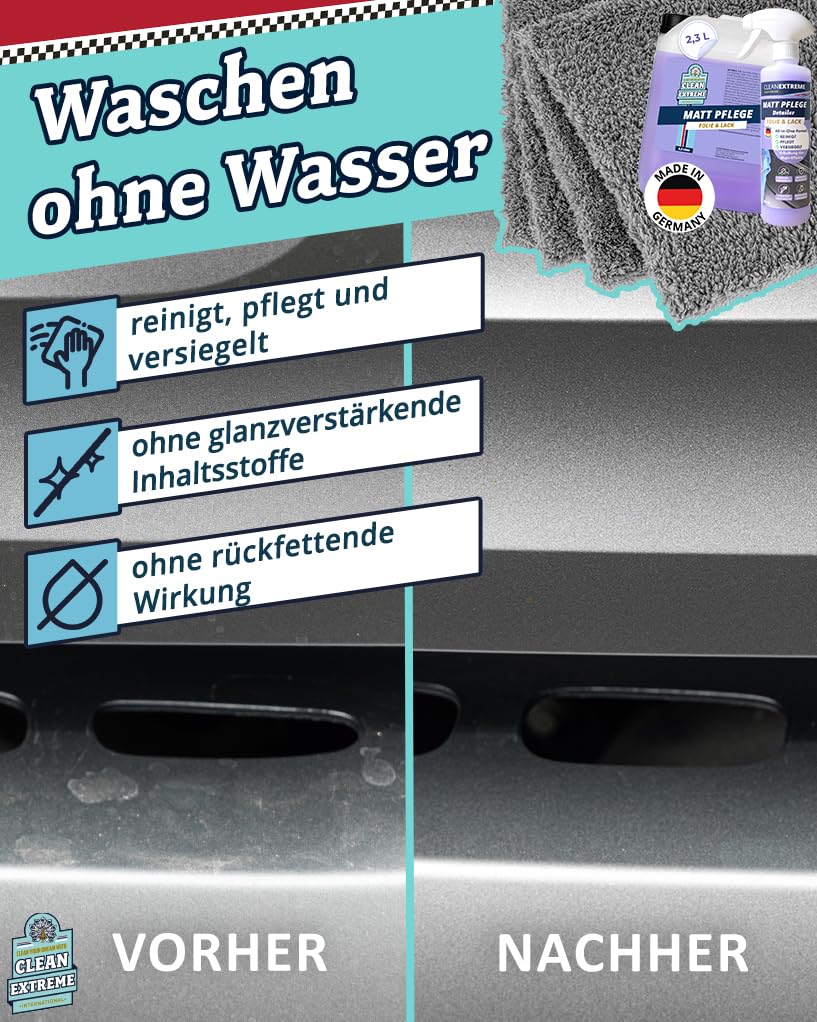 Mattlack Pflege mit Versiegelung - 500ml Spray + 2,3L Kanister | Set inkl. 5 x 500GSM Mikrofasertuch - Zum Pflegen von Autolack Matt, Matt-Folie, Autosprühfolie - Erhält den Matt-Effekt