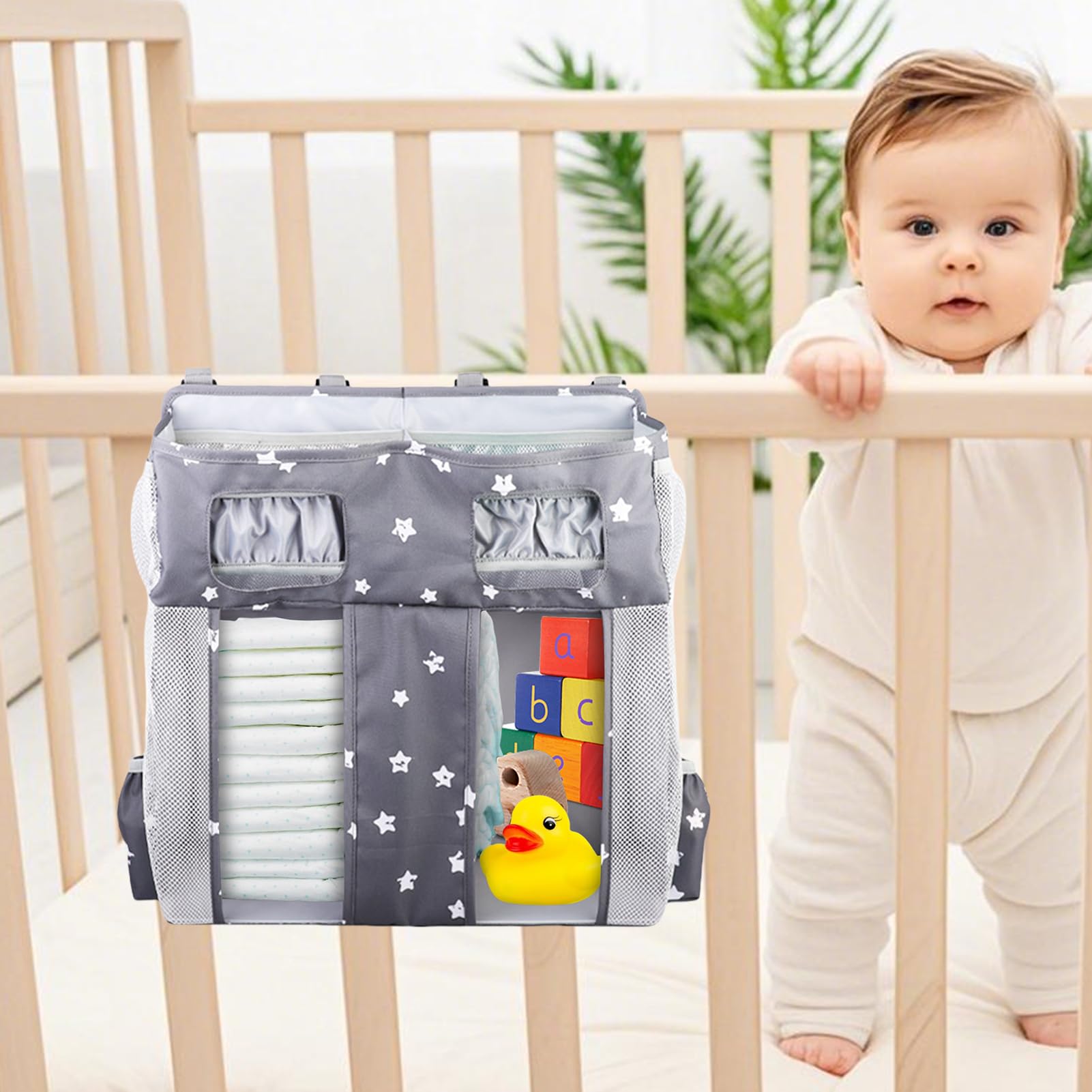 Organizador de Cama Bolsillos multicompartimento Oxford para toallitas | Organizador de Pañales para Cuna con Correas para pañales bebé cuna cama y niños