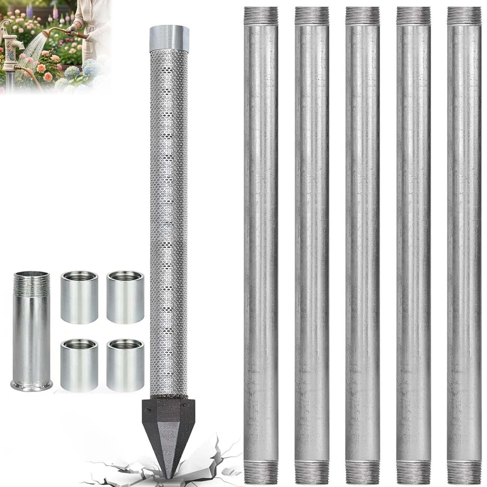 Sand Point Well Kit,1-1/4 Stainless Steel Drive Point Well Kit, Heavy Duty Shallow Well Drilling Kit for Drive Sand Point Well&Soft Soil Well,36 Inch Length Pipe with 60 Gauze Mesh Screen(5+1kit)