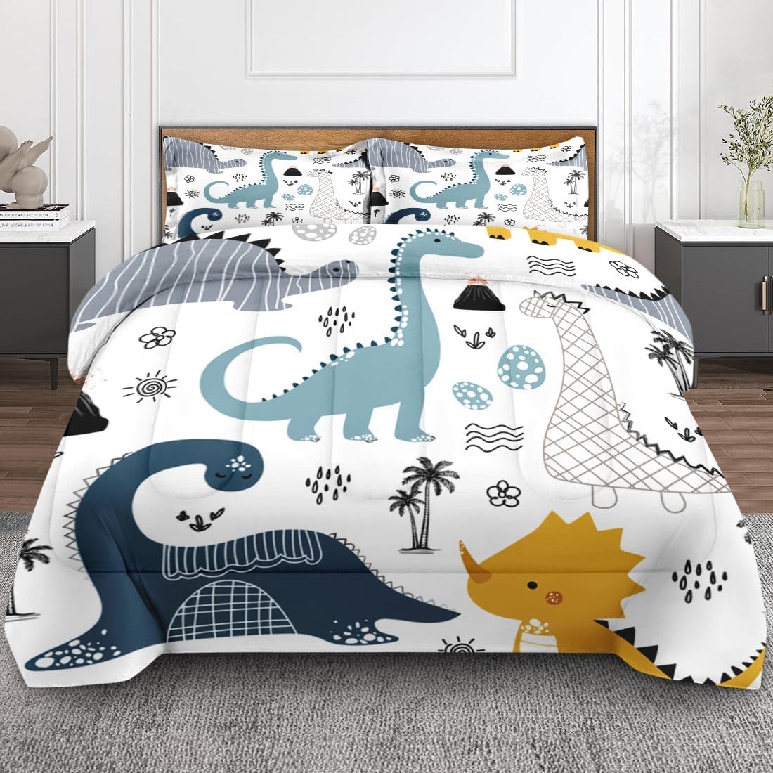 Dinosaur Cute Kids Comforter Set Twin Size, Dino Dragon Blue Yellow Soft Bedding Set with Pillowcases for Girls Teens Kids Boys Adults Bedroom Bed Decor,1 Quilt 1 Pillow Case