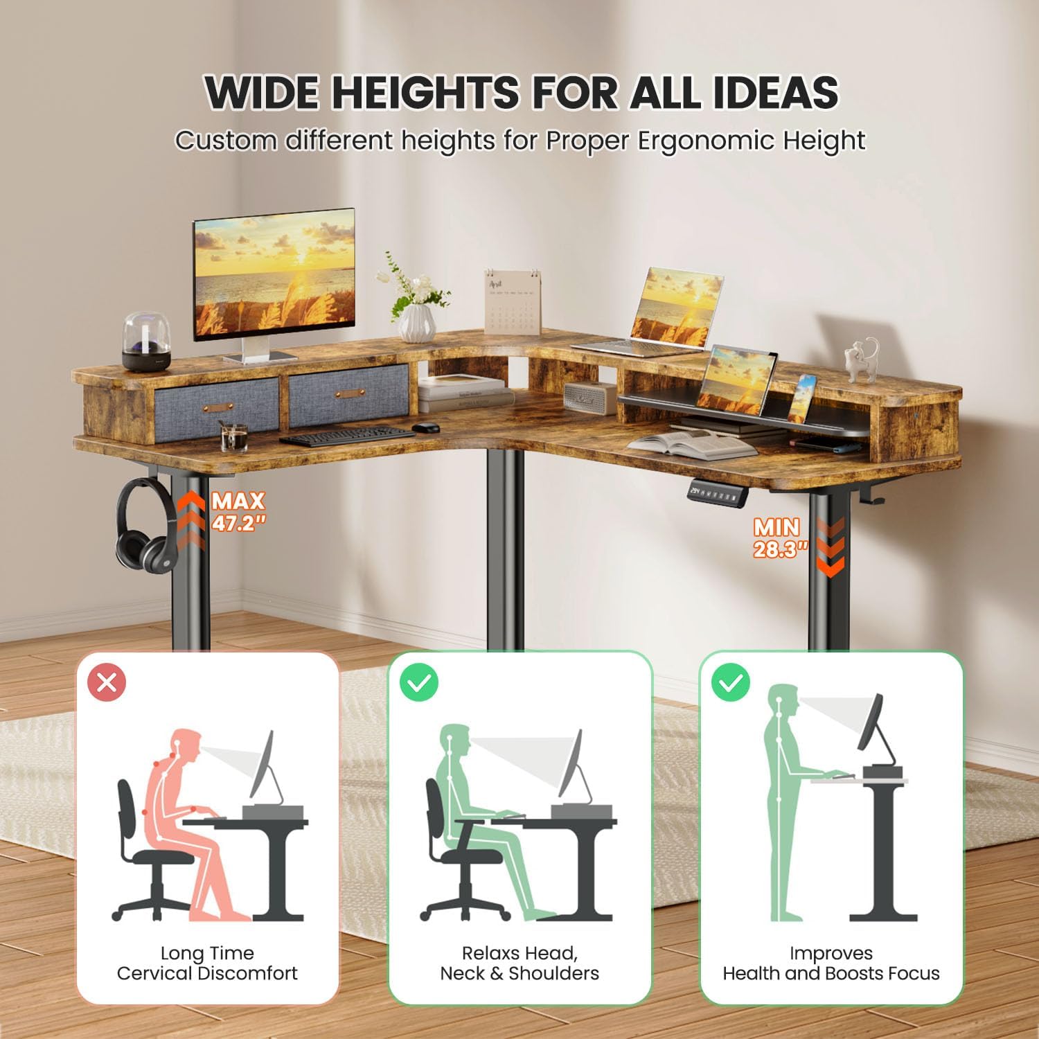 Flycity Electric L Shaped Standing Desk with Drawers, 63" x 55" Corner Standing Desk Adjustable Height, Stand Up Home Office Desk, Dual Motor Sit Stand Desk with 3 Memory Preset & Lock, Brown