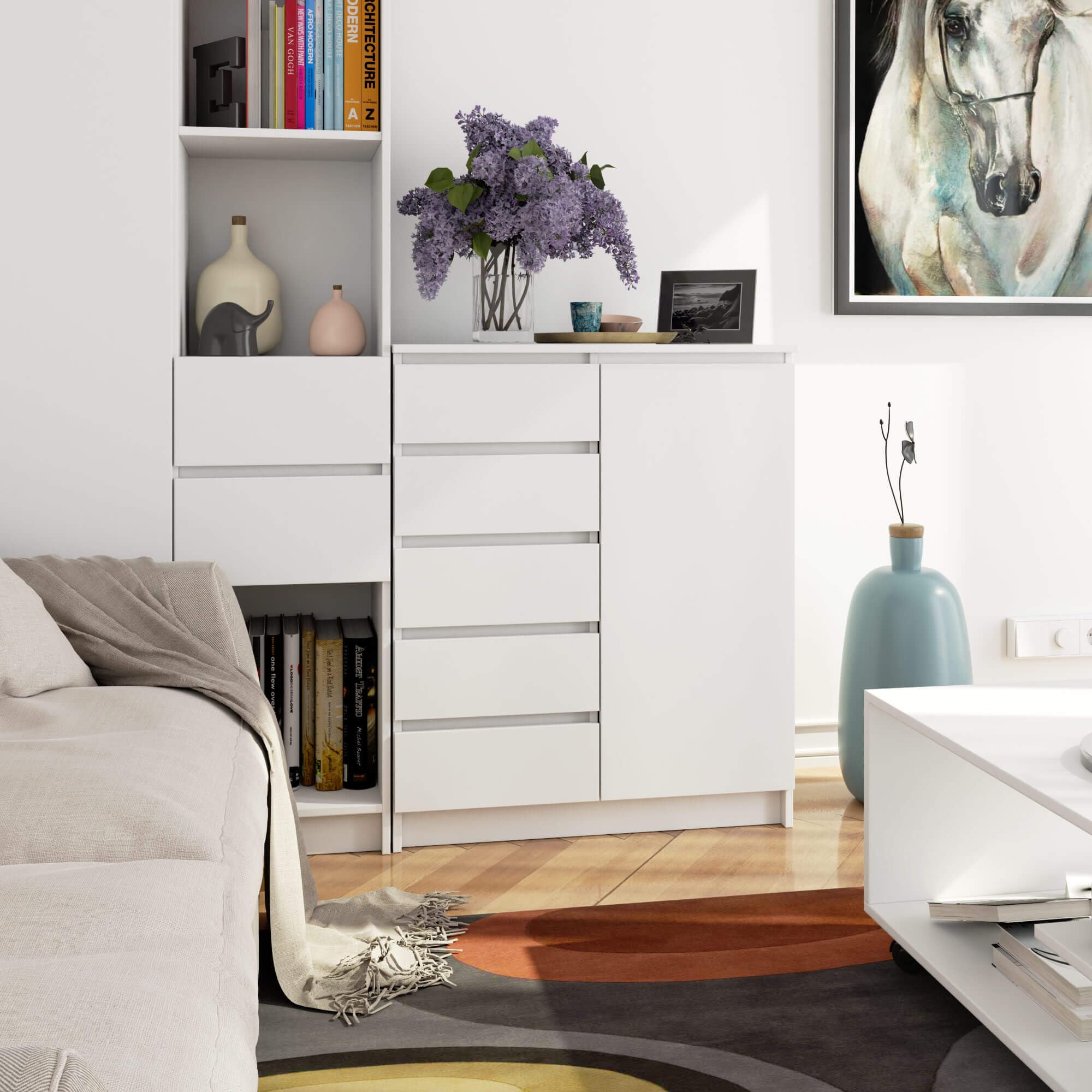 AKORD Kommode K-100 avec 1 Portes et 5 Tiroirs | pour Le Salon Chambre à Coucher | Moderne | Plateau Laminé 16mm | 80 x 35 x 97 cm | Blanc & Blanc